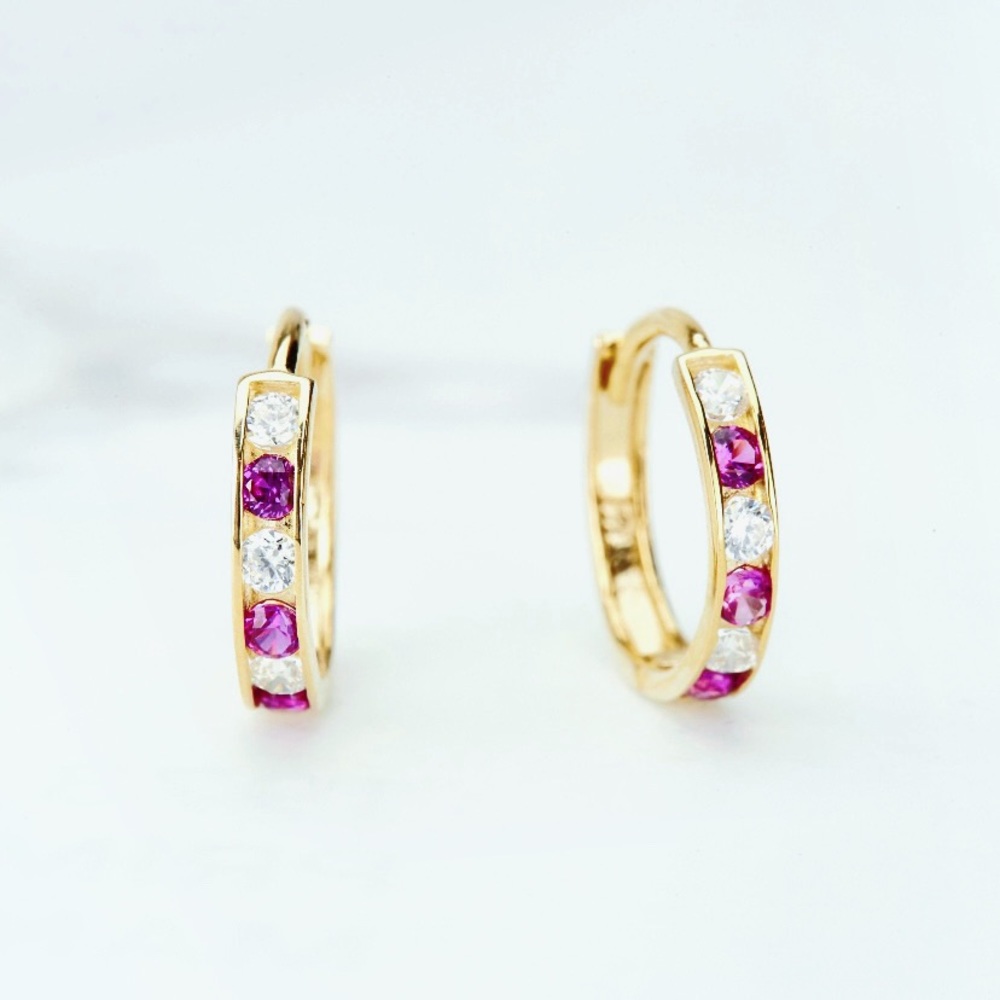 14K Yellow Gold Genuine Red Ruby Channel Set Diamond Huggie Hoop Earrings